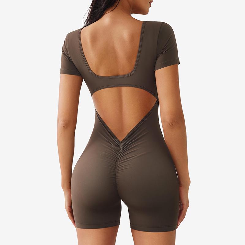 Damen Quick-Dry Yoga-Jumpsuit mit quadratischem Ausschnitt, kurzen Ärmeln & Cut-Out am Rücken