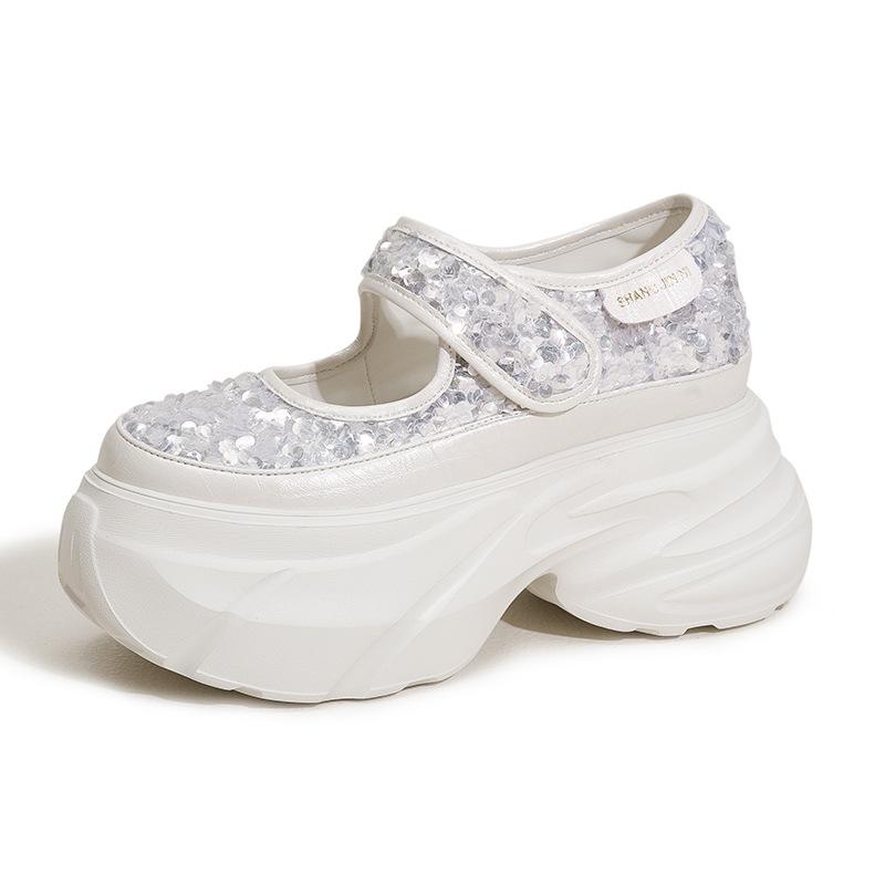 

Женские туфли Мэри Джейн на толстой подошве, лето 2025, новая модная модель, универсальные сандалии-маффины с пайетками, маленькая внутренняя платформа, увеличивающая рост, женская обувь 39 белый