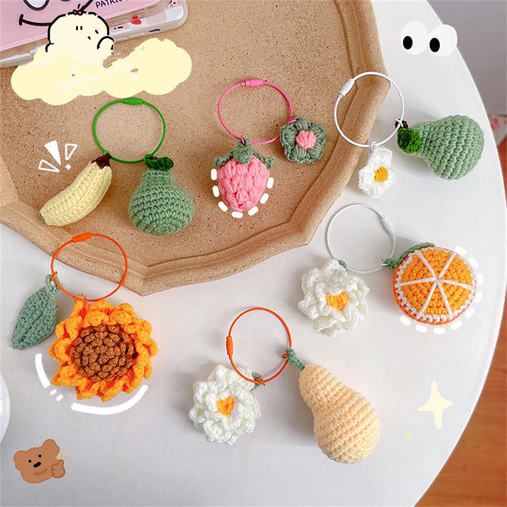 Handwoven Wool Knitting Keychain Pendant With Orange Strawberry Banana Sunflower Creative Bag Backpack Car Hangings Decoration