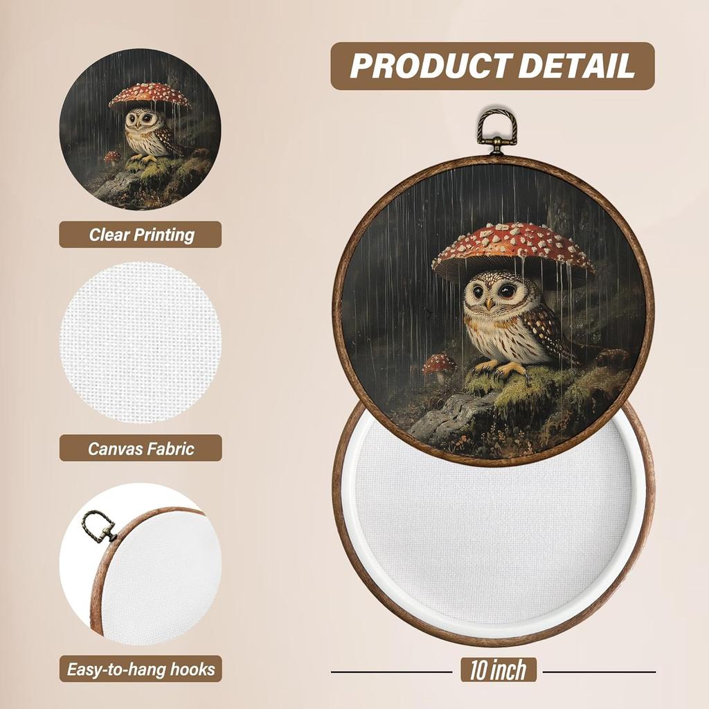 XBBMGG Dark Academia Woodland Owl Wall Art Decor, Whimsical Cottagecore Owl Mushroom Round Wall Hanging Decor, Wildlife Bird Framed Canvas Prints for