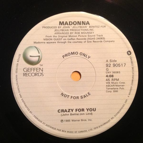 

7inch Record MADONNA Crazy For You 9290517PROMO Geffen Records 1985 Canada Rock Used