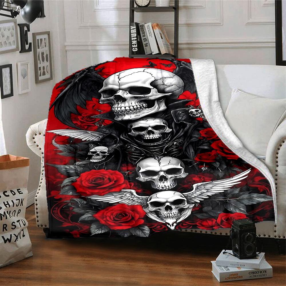 1pc Skull Roses Blanket, Lightweight Flannel Throw For Sofa, Bed, Travel, Camping, Livingroom, Office, Couch, Chair, And Bed,