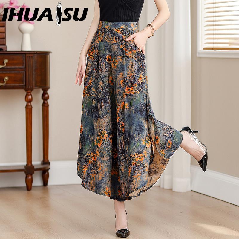 IHUASU 10 Color Summer Plus Size Wide Leg Pants Women Loose Bohemian Summer High Waist Trousers Female Pants XL-4XL