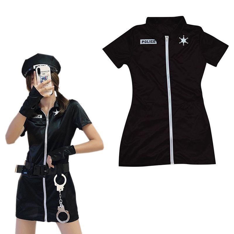 Women Halloween Sexy Cospaly Police Uniforms Large Size Zipper Clothe Stretchy