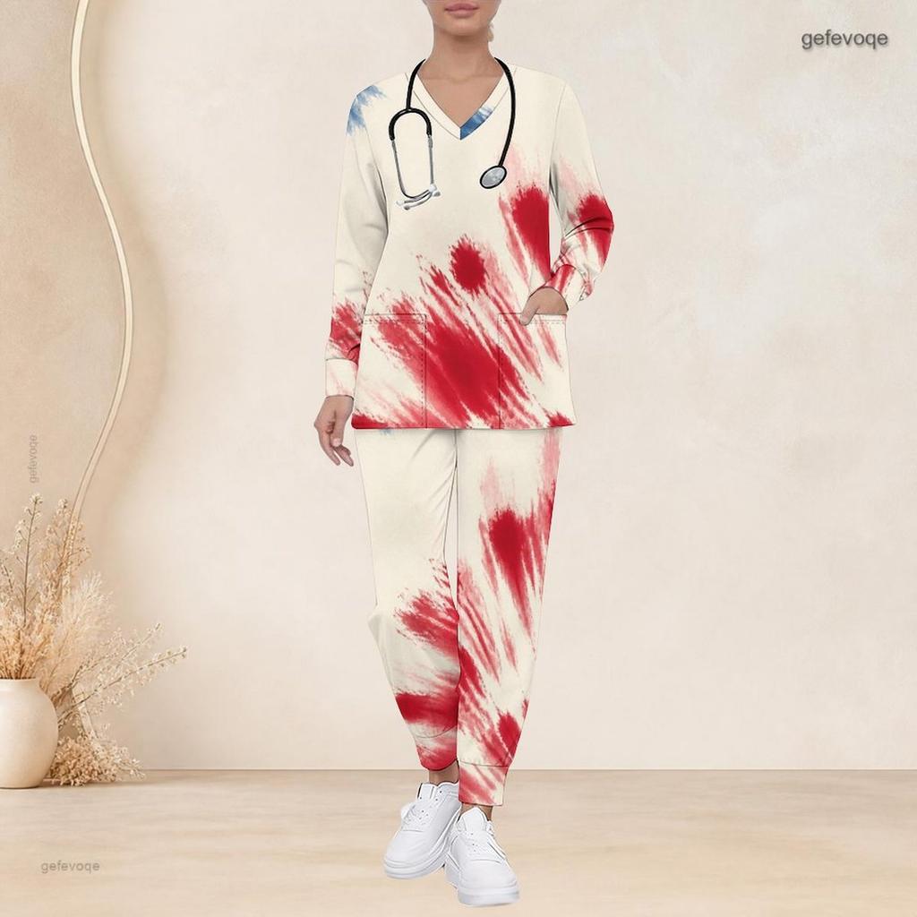 Women Plus Size V Neck Long Sleeve Scrub Set Navy Base Large Retro Patriotic Star Print Nurse Uniform Set