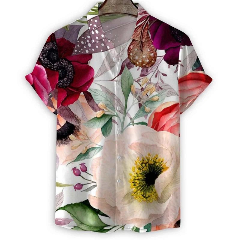 Fashion 3d Print Flower Lapel Shirt Men Summer Short Sleeves Floral Hawaiian Shirts Cool Street Button Loose Blouse Tops Clothes