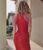 2025 Spring Sexy Halterneck Off-Shoulder Tassel Sequin Dress - European & American Fashion