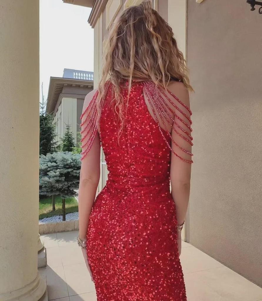 2025 Spring Sexy Halterneck Off-Shoulder Tassel Sequin Dress - European & American Fashion