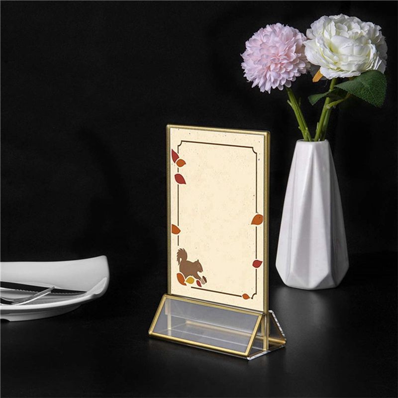 A84E-2X Acrylic Sign Holder Gold Picture Frame Double Sided Clear Display Stand, Gold Acrylic Frames For Home Shop Restaurant