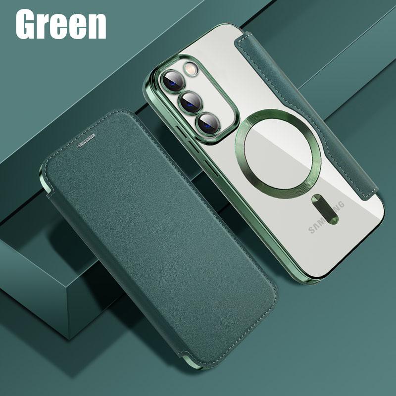 Leather Flip Cover Electroplat Silicone TPU Case For Samsung Galaxy S23 Ultra Plus Magnetic Wireless Charging Lens Glass Film