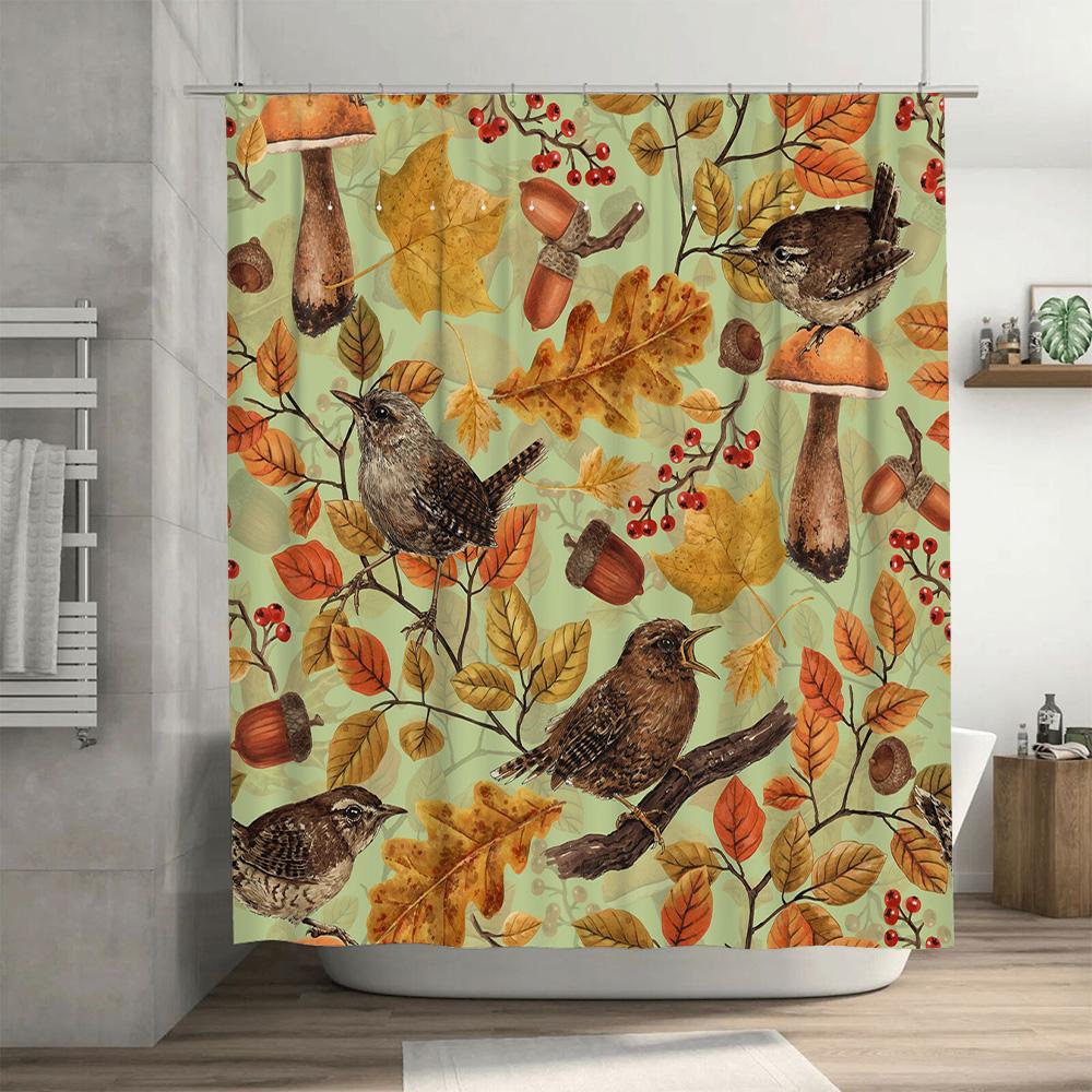Autumn Leaves Birds Shower Curtain Waterproof Fabric Bathroom Decor for Fall Theme Home Decoration.