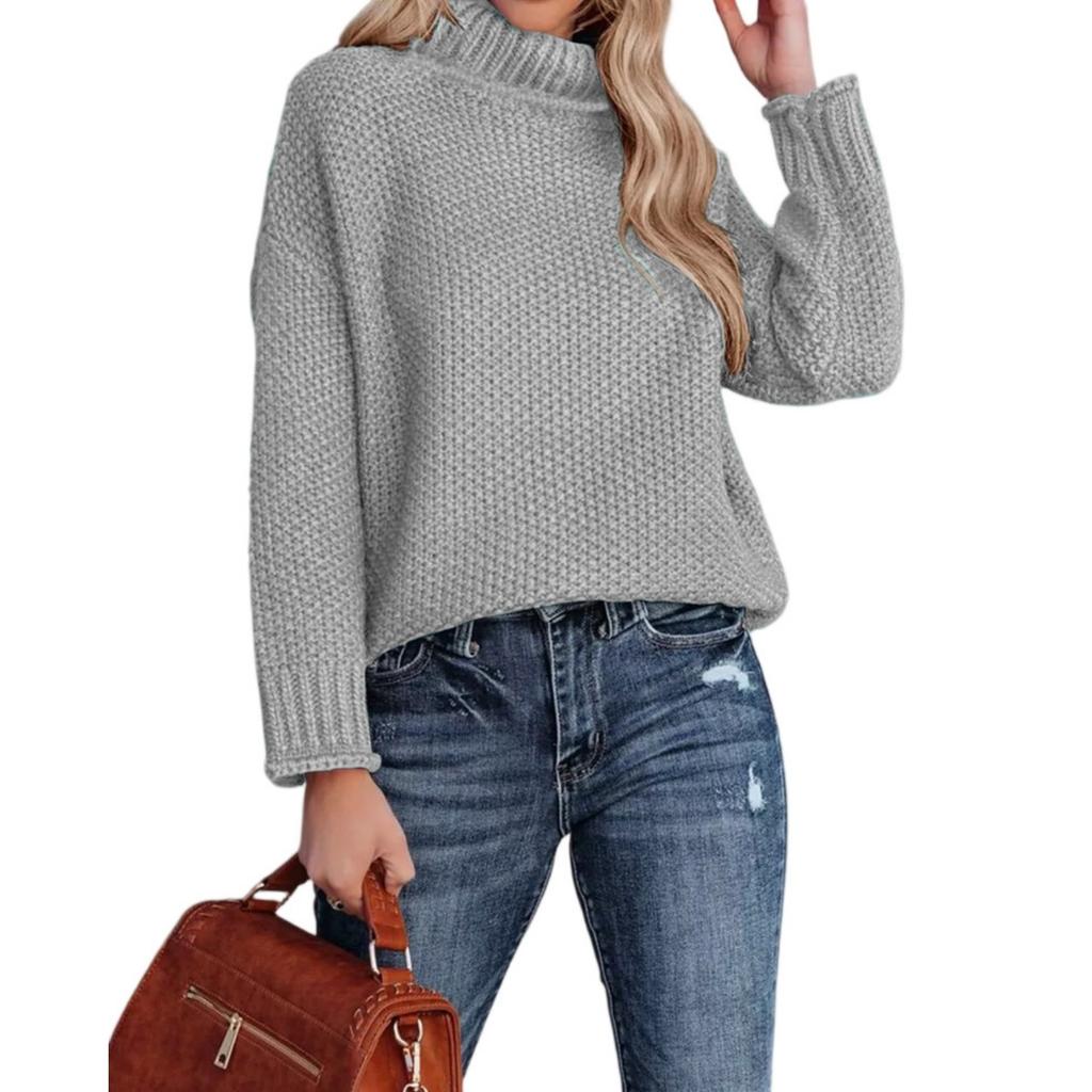 Fashionable Women's High-neck Knitted Sweater With Long Sleeves And Rolled Hem