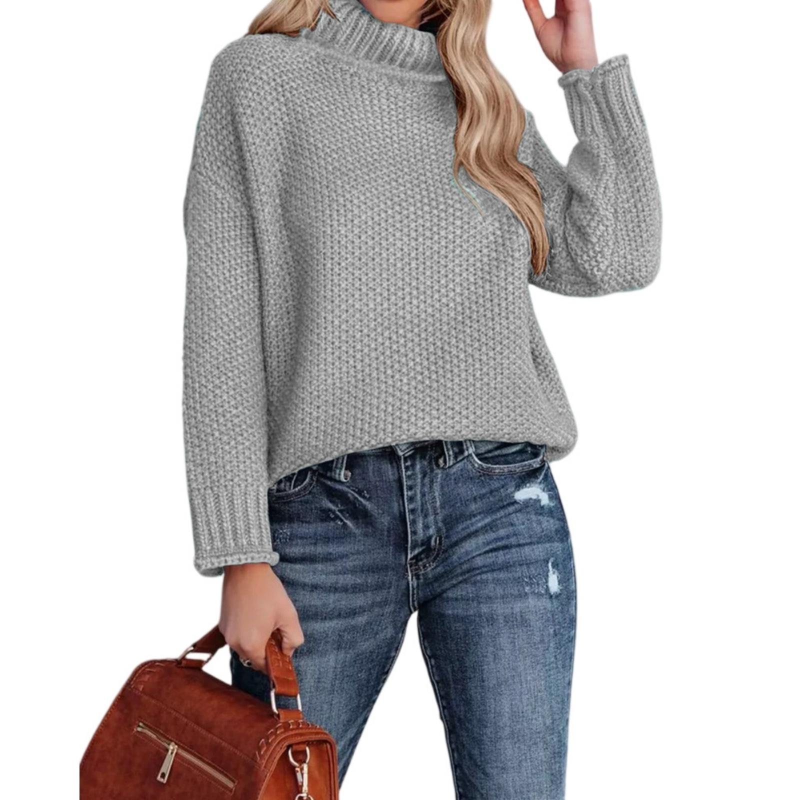 

Модный женский вязаный свитер с высоким воротником, длинными рукавами и подвернутым краем XXL