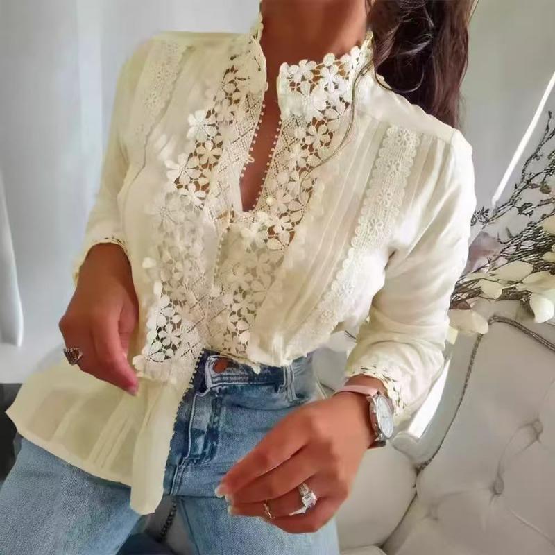 Spring Autumn Sweet Lace Stitching Women Shirt Loose Casual Office Blouse Long Sleeve Stand Collar Elegant Sexy Hollow Out Crochet Top Simple Clothes