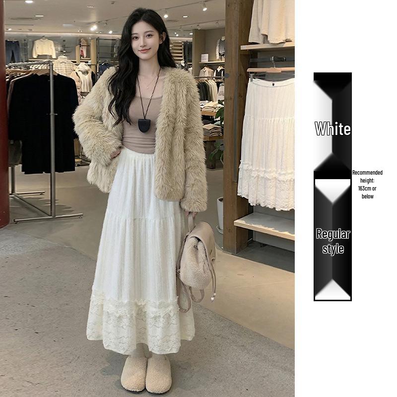 Women s White Plush High-Waisted A-Line Fluffy Lace Long Knitted Skirt XL