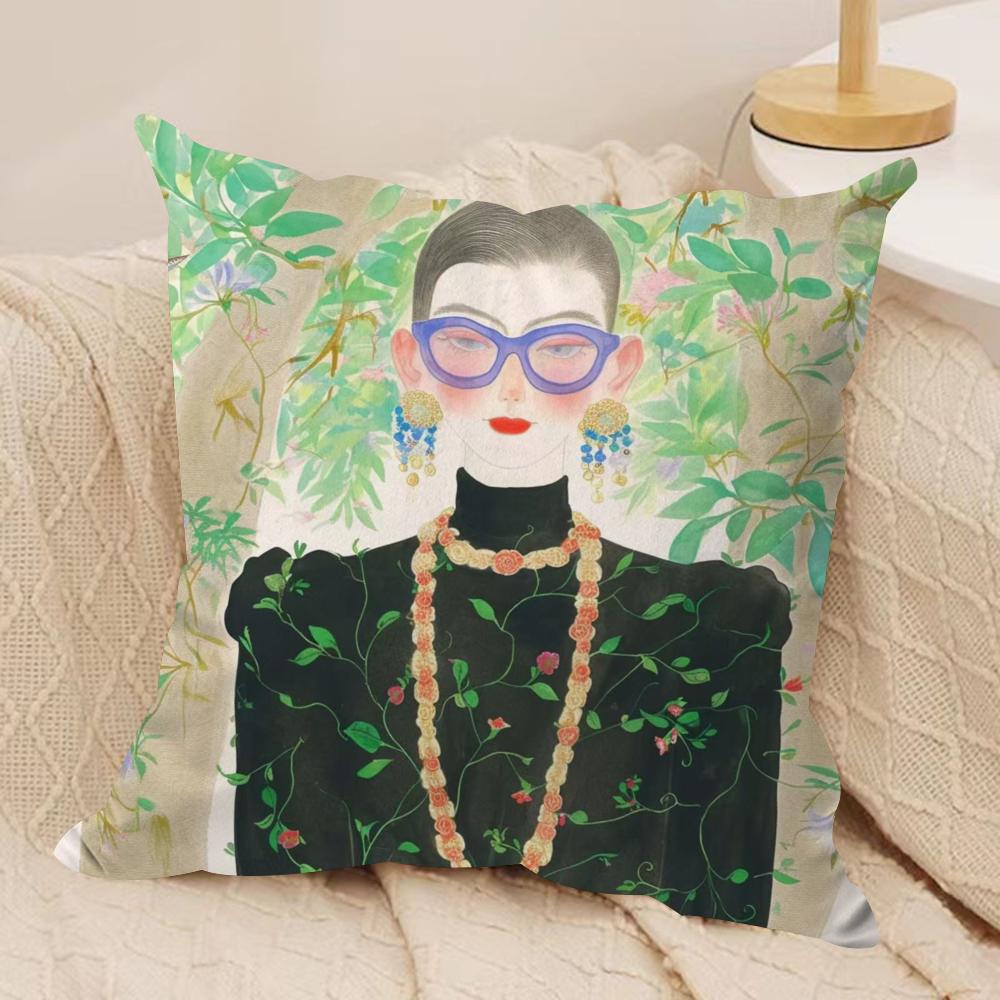 Fashion Illustration Cushion Cover Soft Plush Fabric Double-Sided Printed Sofa Cushion Cover for All Seasons Home Decor Gift