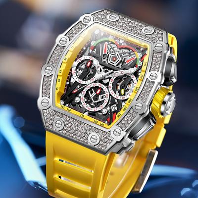 Tonneau Shape Quartz Watches Men Luxury Diamond Inlay Rose Gold Watch Fashion Business Waterproof Multifunctional Wristwatch
