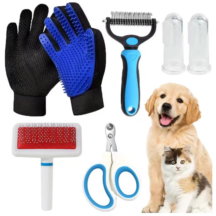 7 in 1 Pet Grooming Tools Kit for Cats Dogs Deshedding Brush Slicker Comb Nail Clippers Finger Toothbrush Pet Care Grooming Set
