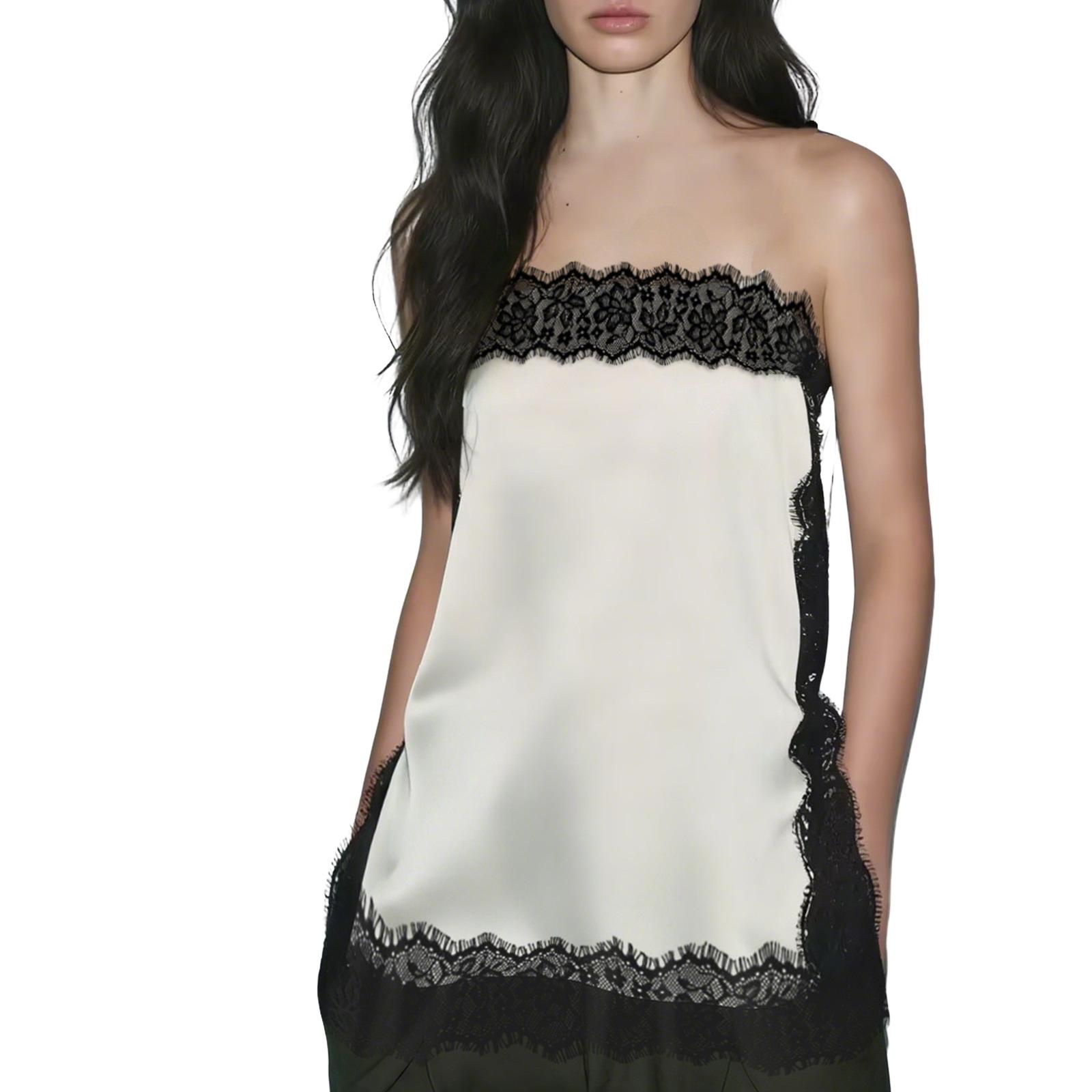 Women s Strapless Sleeveless Solid Color Lace Trim Top Loose Fit Elegant Satin Camisole S