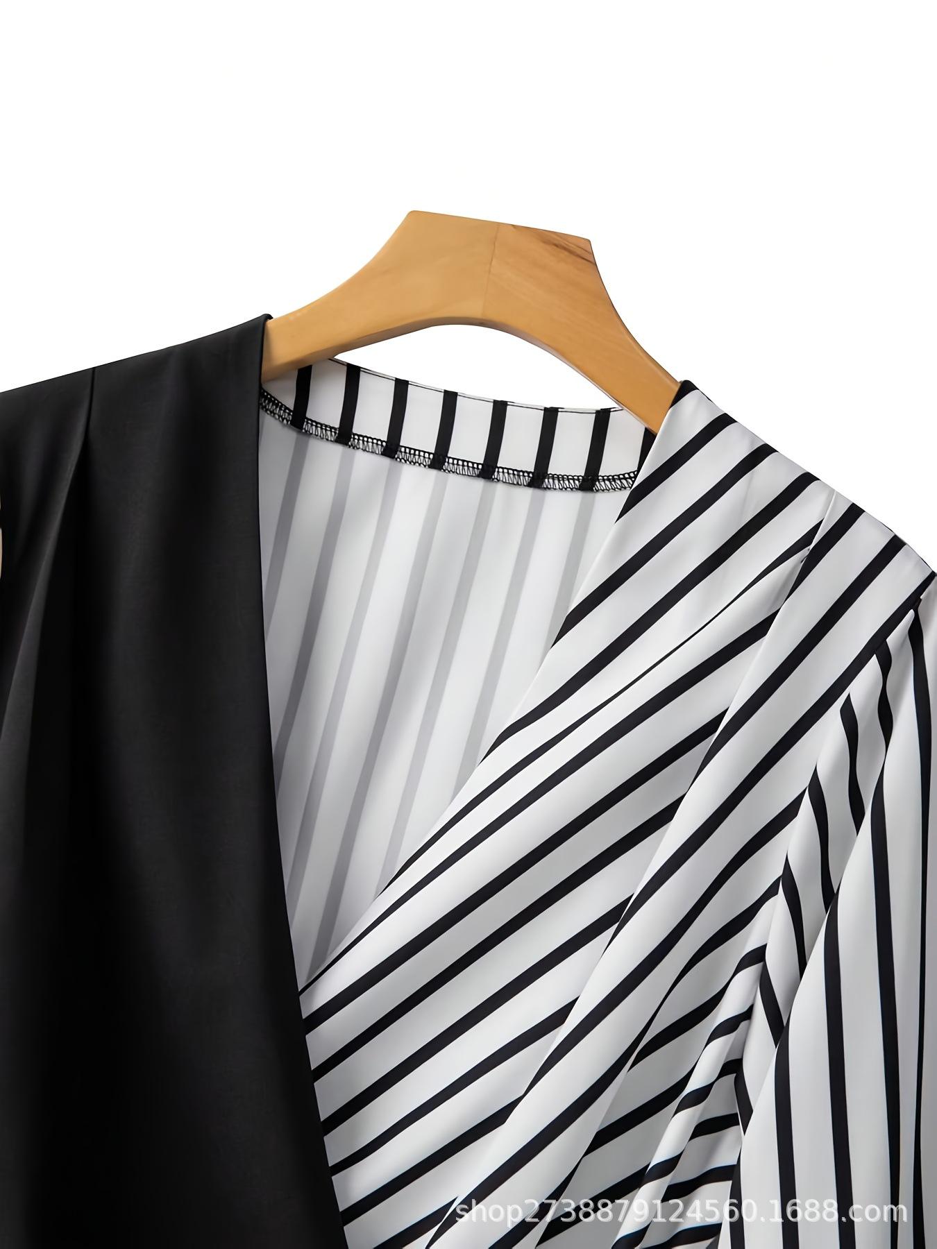 2026 Spring/Summer Plus Size Women s Striped Deep V-Neck Color Block Waist-Cinching Shirt XXL
