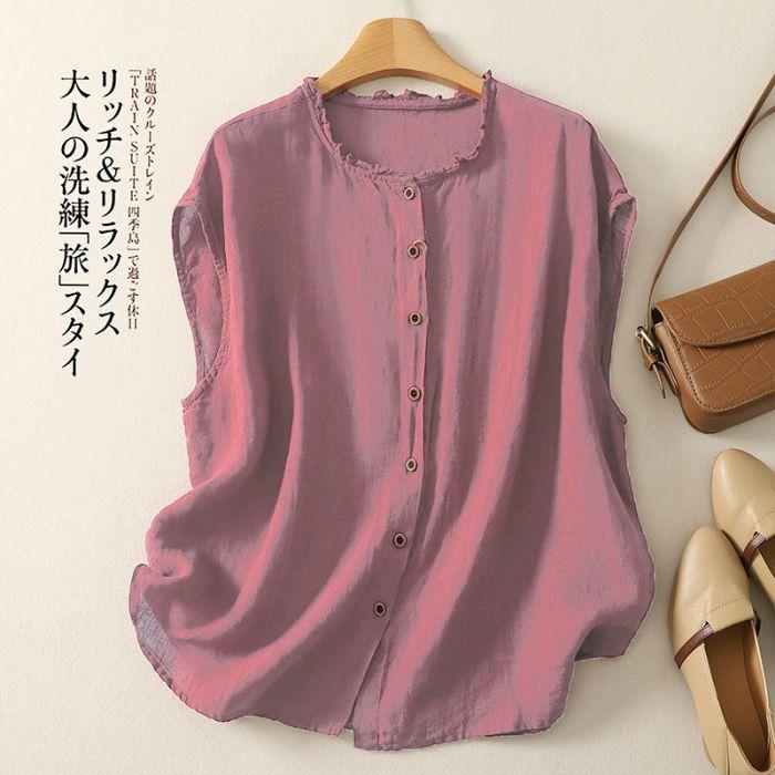 Women s Round Neck Sleeveless Camisole Loose Fit Casual Linen Blouse Elegant Commuter Tank Top M
