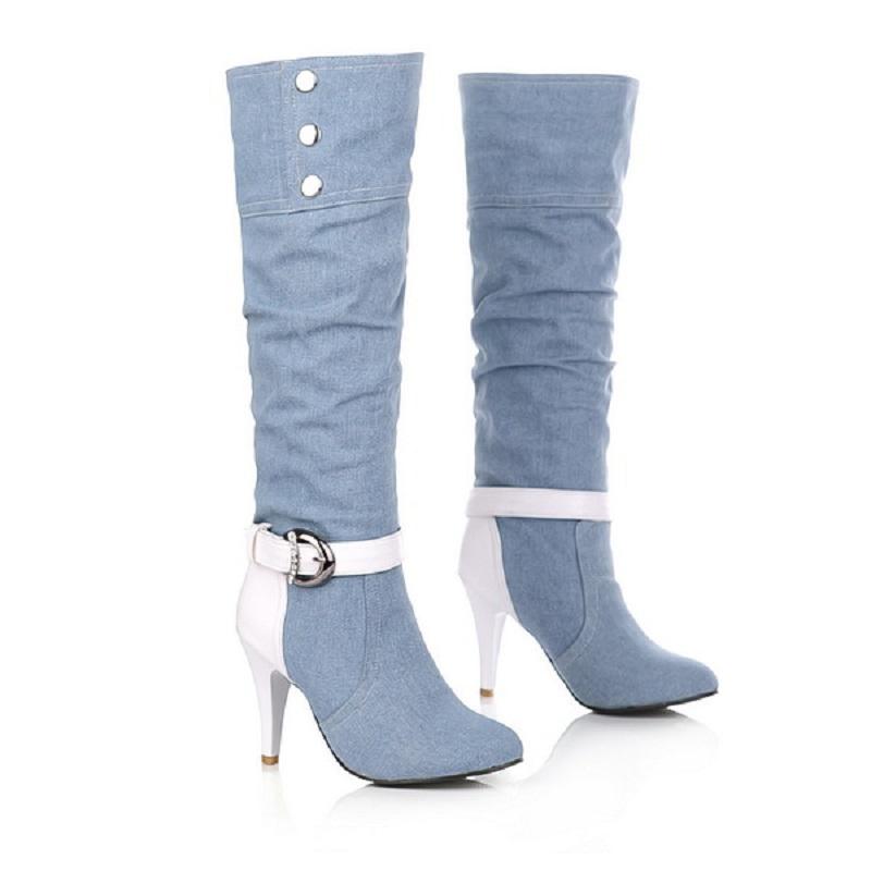 Fashion XJRHXJR Plus Size 34-43 Pointed Toe Women Spring Autumn Winter High Heels Denim Knee High Boots Lady New Fashion Jean Long Boots