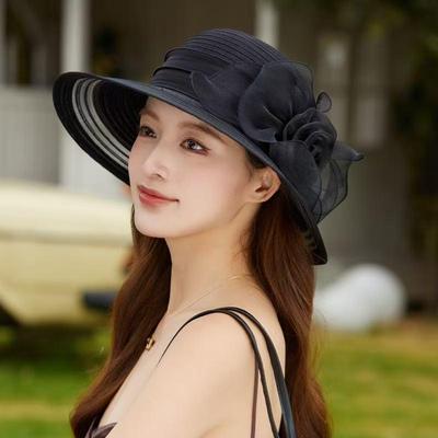 Elegante Cappello a Secchiello Pieghevole da Donna con Protezione Solare, in Organza Traspirante con Grandi Fiori, per Uscite Estive