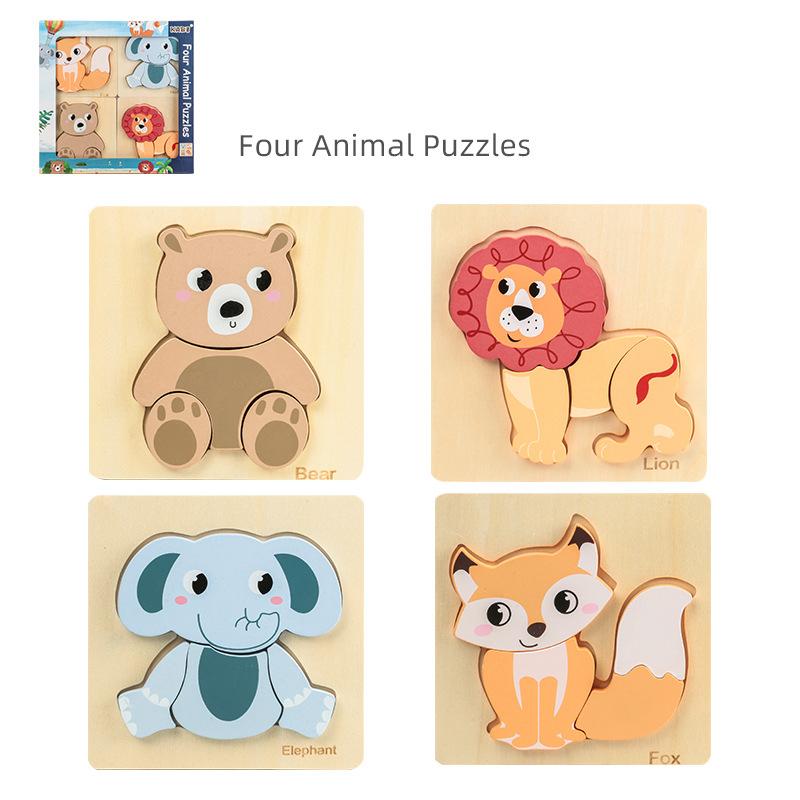4 Pcs/Set 3D Wooden Puzzle Cartoon Animal Traffic Early Education Enlightenment Cognitive Jigsaw Toys With Gift Box