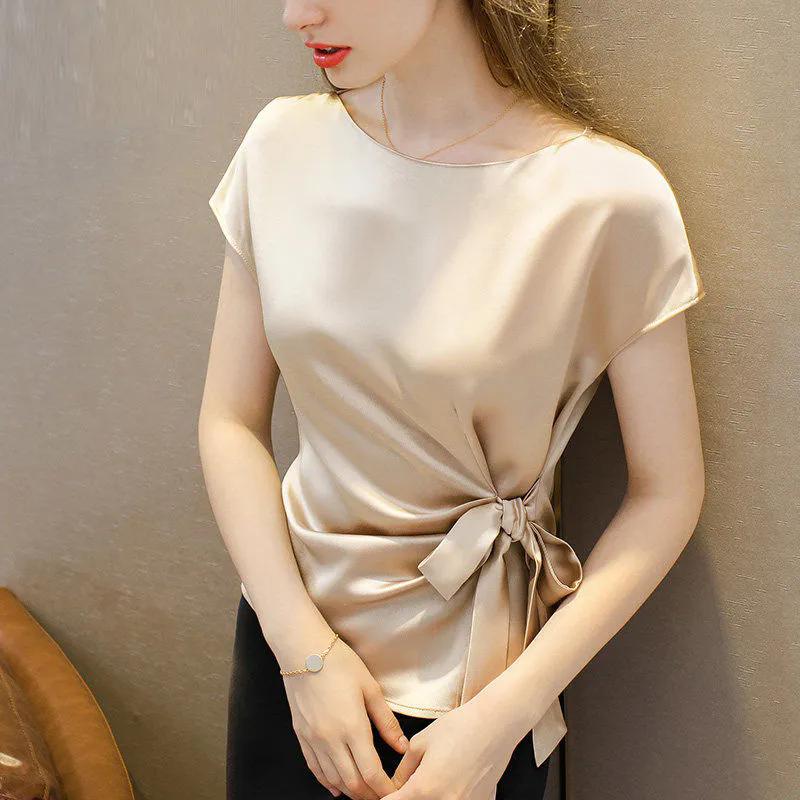 WTEMPO Solid Color Spring Summer Ice Silk Shirts with Pleated Bow Short Sleeve Retro Elegant Casual Loose Thin Tops