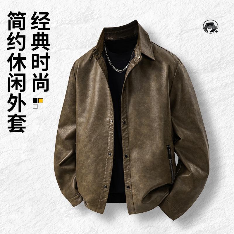 Autumn and winter new clothes men's retro black classic small lapel leather shirt trendy cool jacket versatile