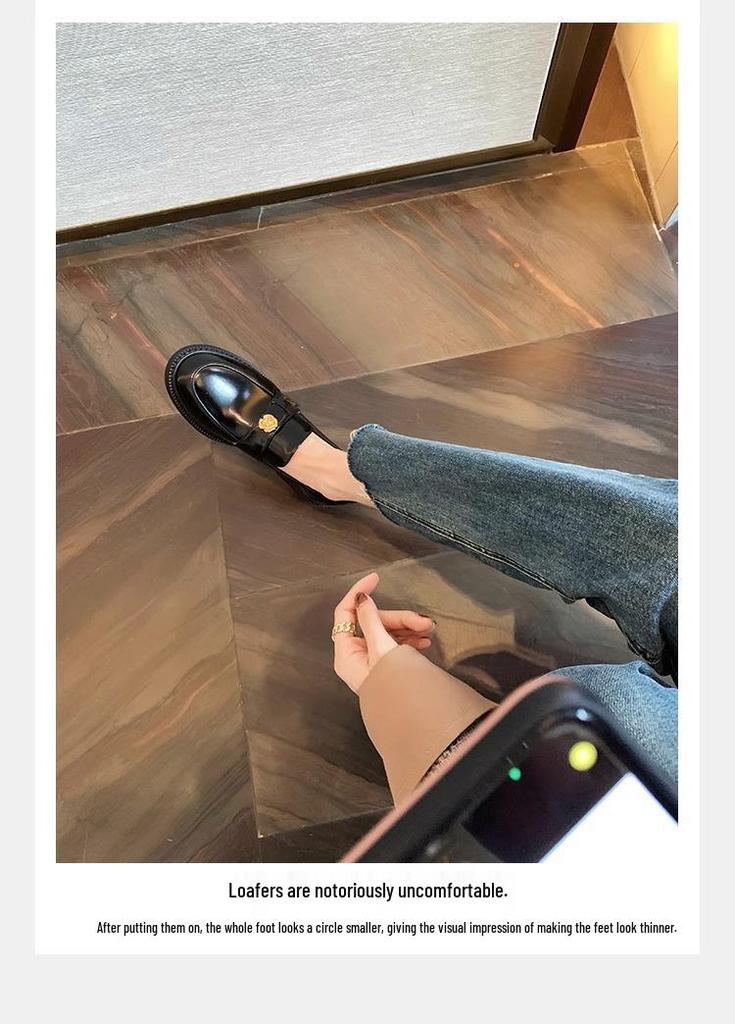 Women's Chunky Heel Gold Coin Loafers: Round Toe, Soft Sole, Slip-On Single Shoes for Autumn/Winter.