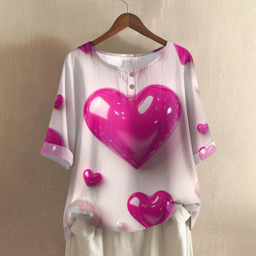 Damska koszulka z nadrukiem na Walentynki, casualowa, z krótkim rękawem, okrągłym dekoltem, z bawełny i lnu