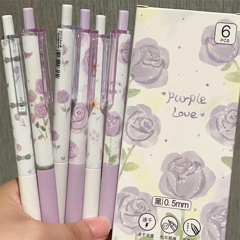 6 bolígrafos de gel Kawaii Rose de escritura suave, creativos, de secado rápido, de presión neutra, papelería estética, suministros de oficina