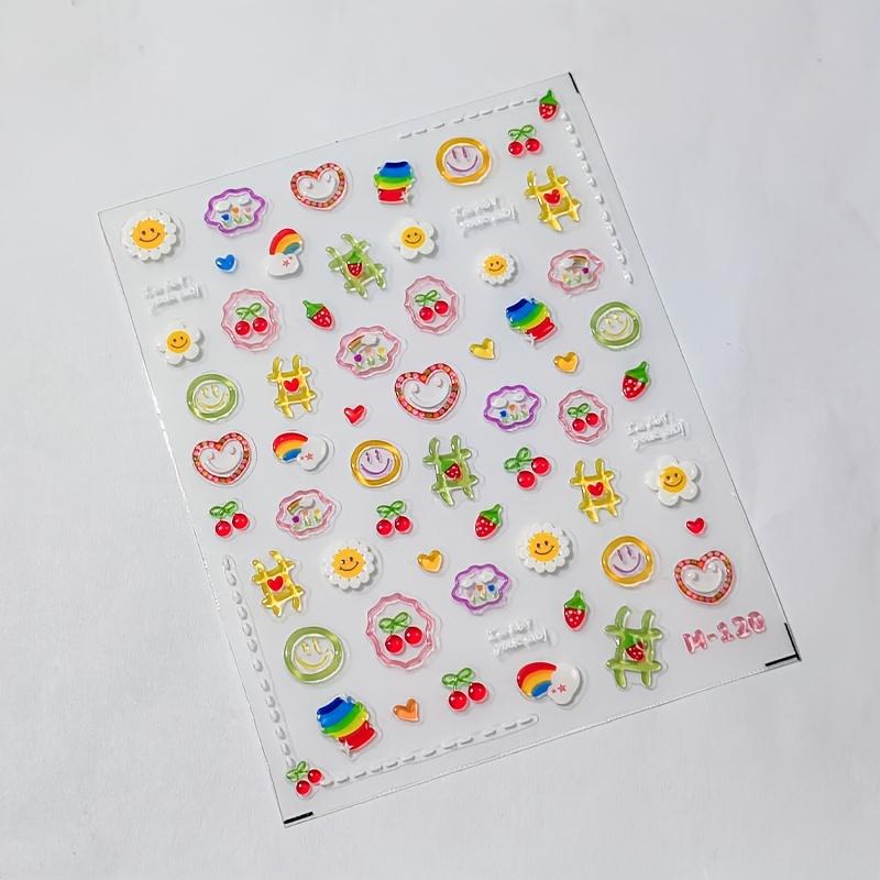 Summer Dopamine 3D Jelly Glue Nail Art Stickers, Cartoon Patterns with Heart, Cherry, Sunflower, Plastic Self-Adhesive for DIY Manicure