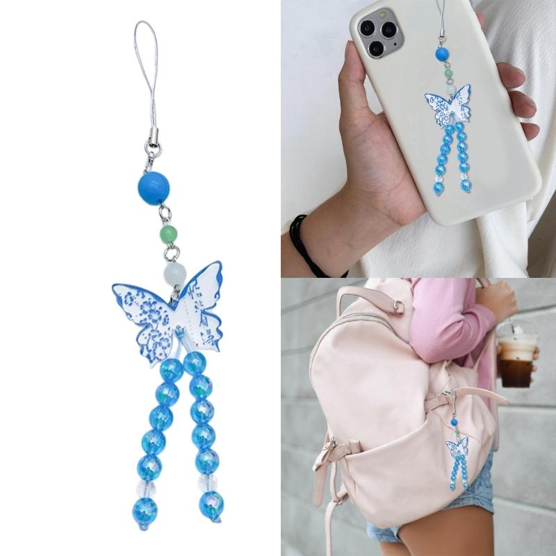 Stylish Butterfly Beaded Mobile Phone Strap Anti-Lost Chain Hangings Jewelry Simple Keycahins for Keys Bags and Phones