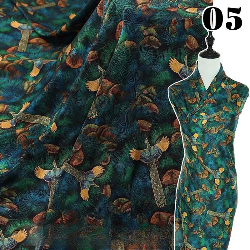 Chinese Landscape Painting Fabric Silk Stretch Satin Cloth for Cheongsam Hanfu DIY Sewing Craft Dress Stage Clothing Supplies