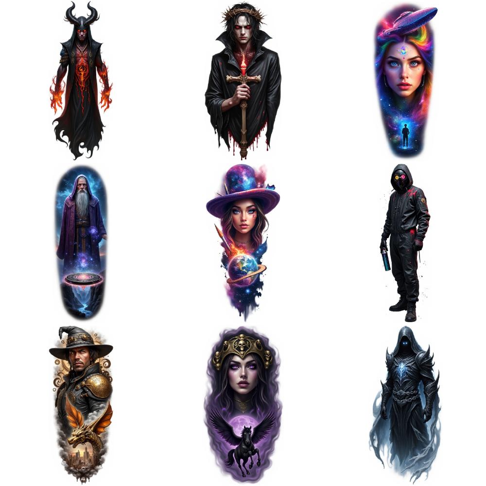 9pcs Temporary Tattoo Colorful Realism Alien Woman With UFO Wizard With Staff Dark Warrior With Scythe For Adult Arms Male
