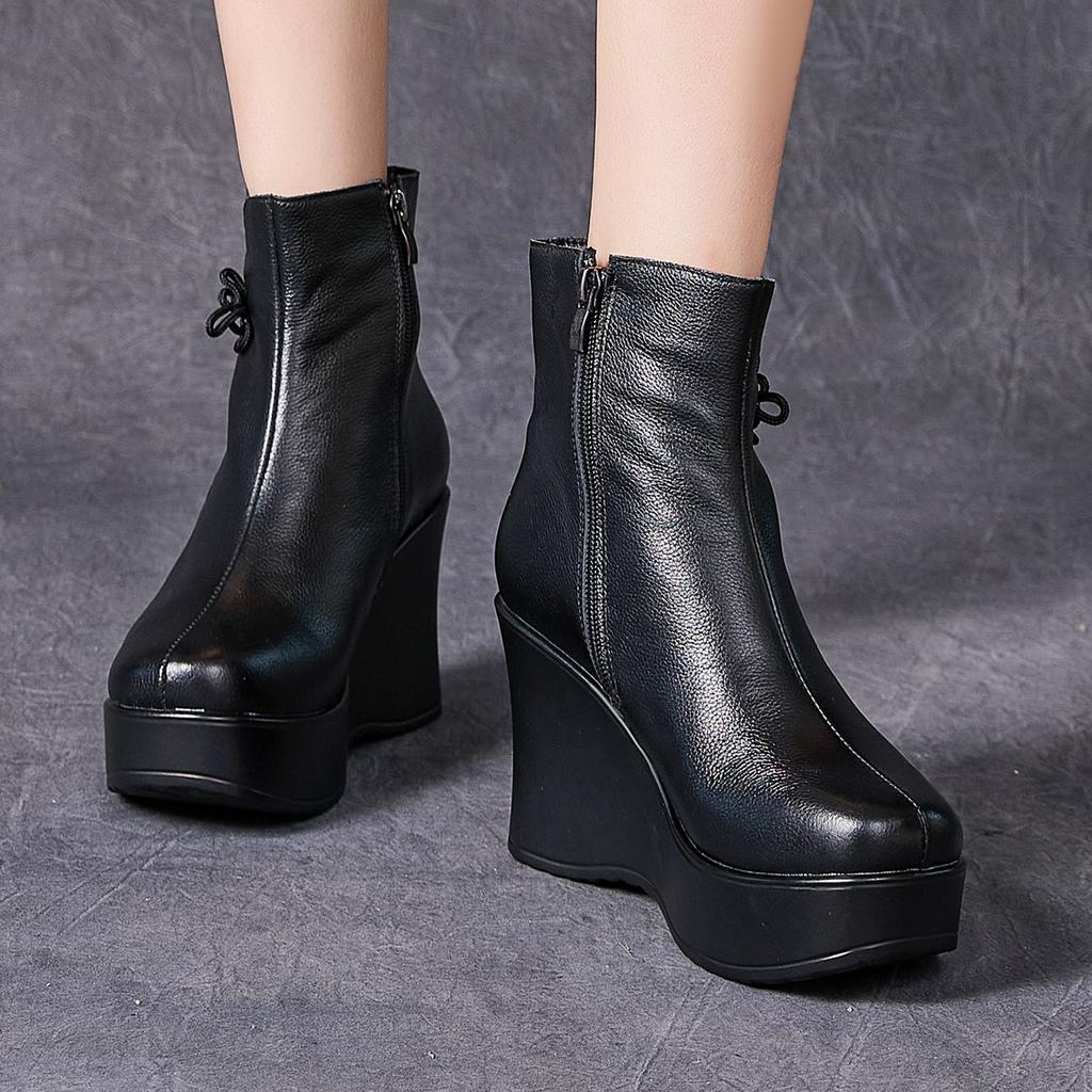 Fashion GKTINOO Handmade Boots For Women Genuine Leather Ankle Shoes Vintage Platform Women Shoes Round Toe Wedges Boots