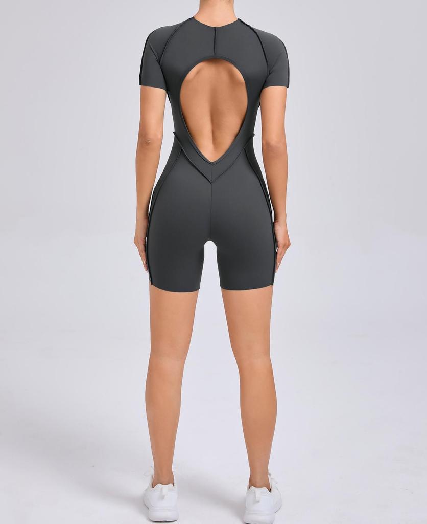 Patchwork Hollow-Back Sports Jumpsuit - Women's Tight One-Piece Fitness Outfit