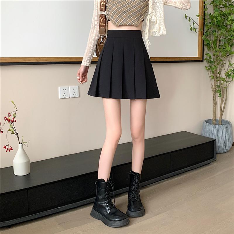 Black Pleated Skirt Women's Spring Autumn A-Line Skirt High-Waisted Skirt Flared Skirt Short Casual All-match Versatile Skirt Slimming
