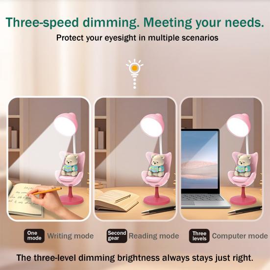 Cute Bear Desk Lamp 3 Lighting Modes LED Nursery Bedside Table Lamp Rechargeable Night Light for Bedroom Study