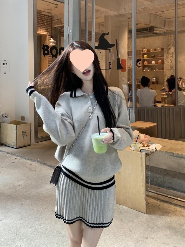 Korean Style Loose Fit Knitted Sweater & Pleated Midi Skirt Two-Piece Set