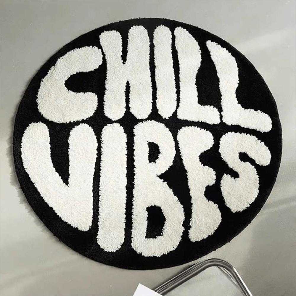 

American Streetwear Brand Round Rug Letter Design: CHILL VIBES Soft and Skin-Friendly Living Room & Bedroom Home Decor 60X60CM(2X2FT