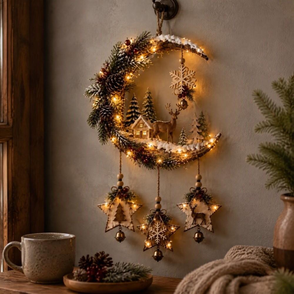 Rustic Christmas Crescent Moon Wall Decor Wooden Crescent Moon Wall Hanging Ornament Vintage Farmhouse Wooden Moon Hanging Sign