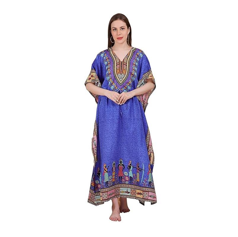 TreegoArt Fashion Women's Polyester Long African Kaftan Caftan Printed Adjustable Boho Dress Nightwear Maxi Gown