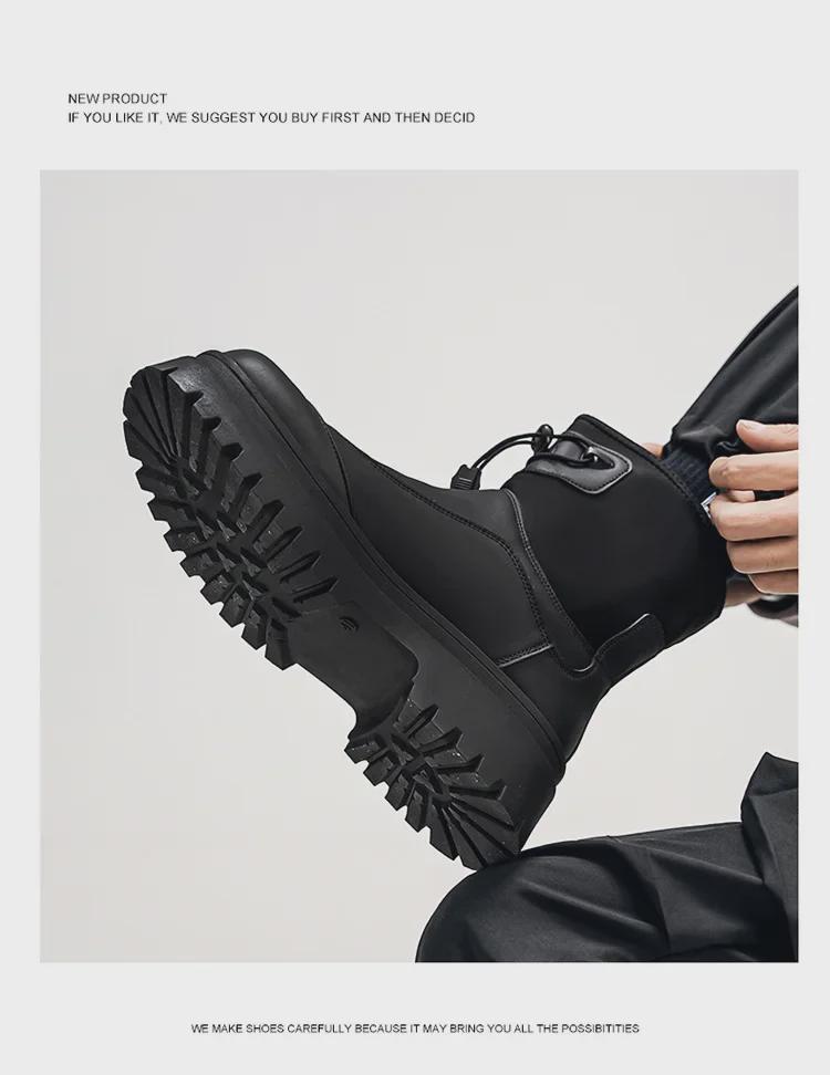 Men's Winter Fashion Waterproof Non-Slip High-Top Leather Boots with Thick Soles and Height Increase