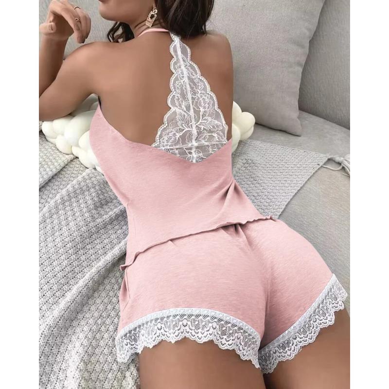 Γυναικείες πιτζάμες με βελονάκι με δαντέλα αμάνικο σετ V-λαιμόκοψης καθημερινά ρούχα 2 τεμαχίων Πυτζάμες σέξι μονόχρωμα ρούχα για το σπίτι