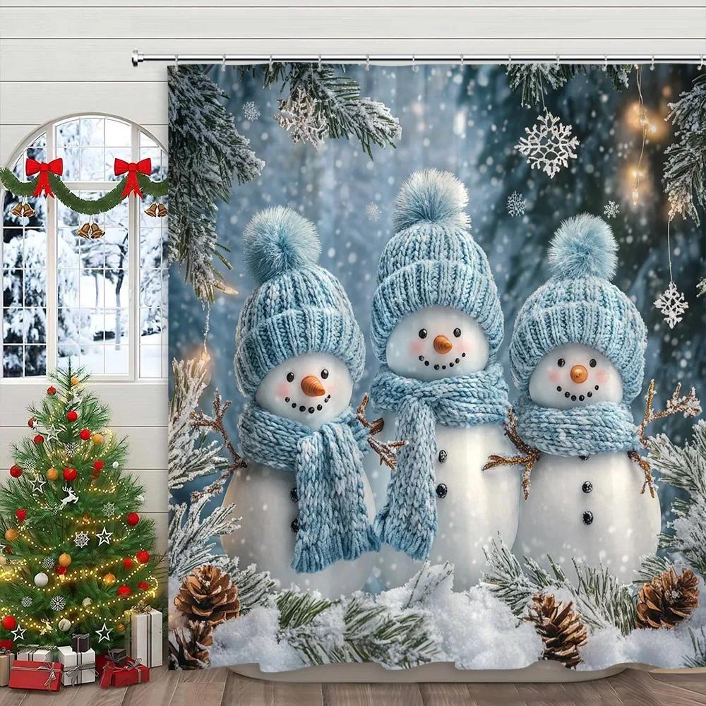 Pink Christmas Printed Shower Curtain Cute Snowman and Christmas Tree Gift Polyester Shower Curtains Bathroom Decor with Hooks