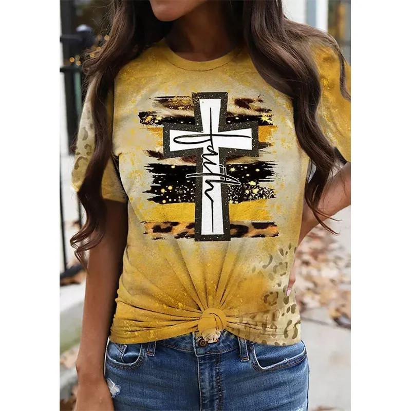 Jesus Cross Leopard 3d Print T-shirt Women Streetwear Short Sleeve T Shirts Harajuku Oversized Y2k Tops Tees Female Clothing