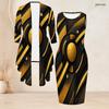 Women Plus Size Black Gold Printed Two Piece Set Sleeveless Bodycon Dress Long Sleeve Draped Cardigan